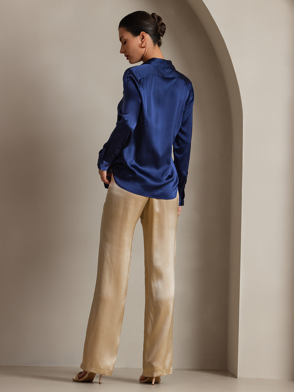 [أزرق غامق] SilkSilky-SA الحرير الأكمام الطويلة Lapel Collar بلايز نسائية 002