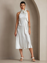 [أبيض] SilkSilky-SA Sleeveless Tie Neck فساتين نسائية 008