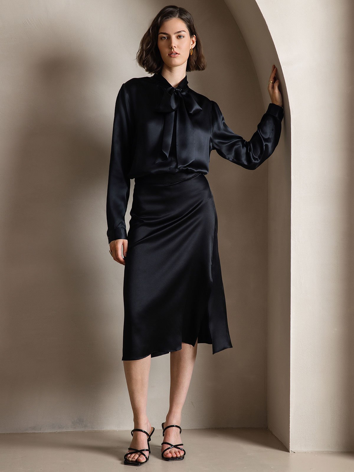 [أسود] SilkSilky-SA 19Momme الحرير الأكمام الطويلة Blouse 006