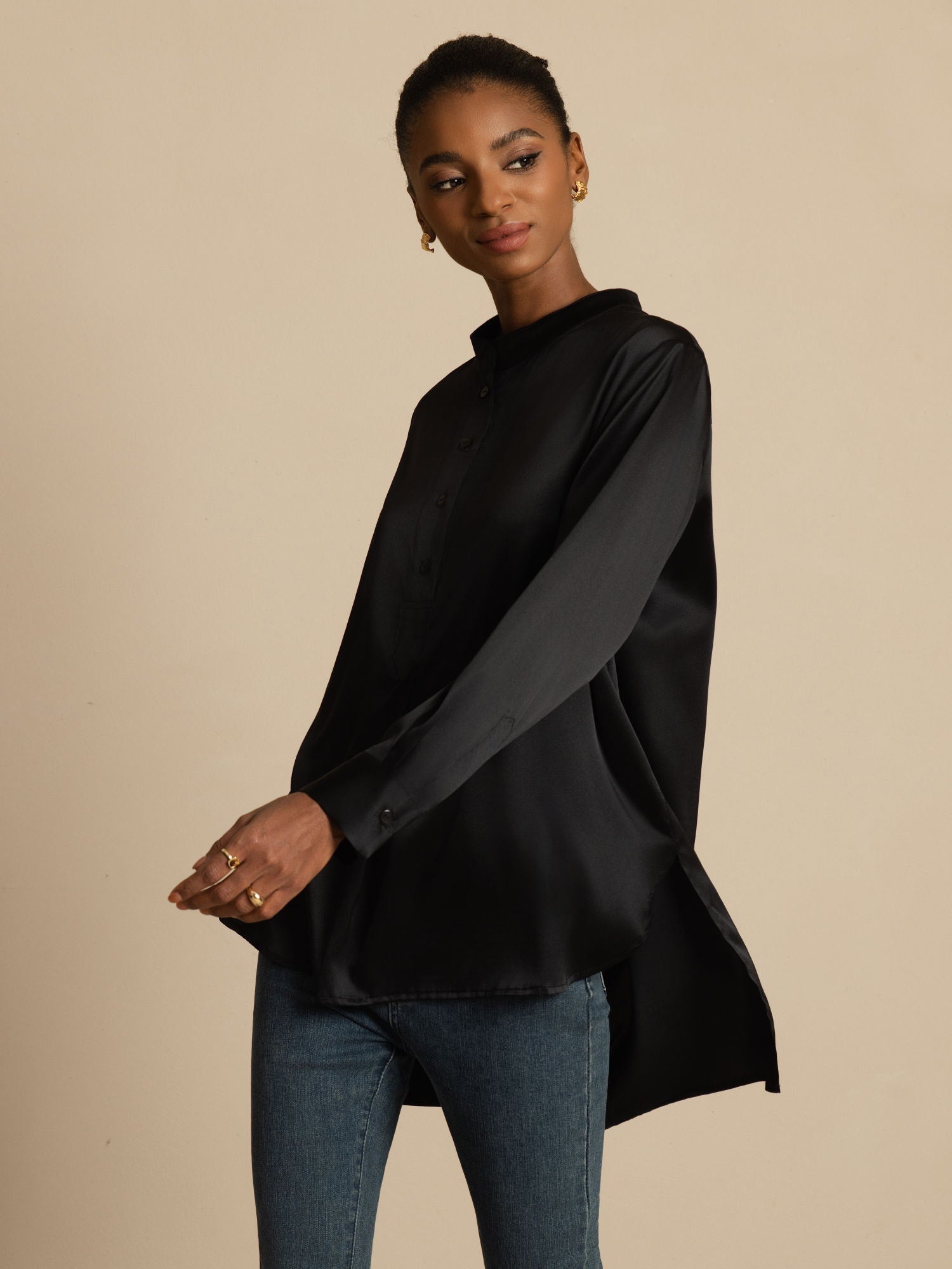 [أسود] SilkSilky-SA 19Momme الحرير الأكمام الطويلة ياقة القاع بلوزة 003