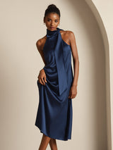 [أزرق غامق] SilkSilky-SA Sleeveless Tie Neck فساتين نسائية 006