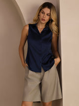 [أزرق غامق] SilkSilky-SA Sleeveless Lapel Collar بلايز نسائية 006