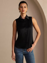 [أسود] SilkSilky-SA Sleeveless Lapel Collar بلايز نسائية 001