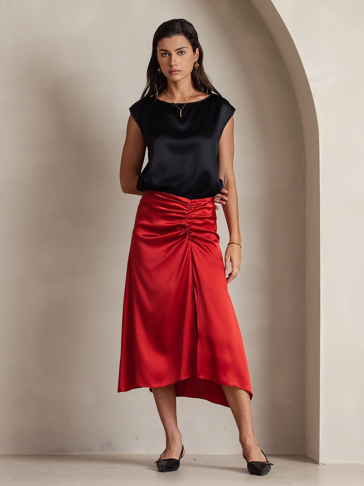 [أسود] SilkSilky-SA 19Momme الحرير رقبة مستديرة تي شيرت نسائية 005,