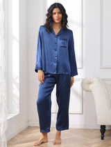 [أزرق غامق] SilkSilky-SA Long Sleeve Lapel Collar طقم بيجامة نسائي 003