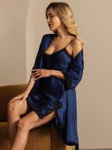 [أزرق غامق] SilkSilky-SA نصف الأكمام رقبة على شكل حرف V رداء الحمام وقميص النوم 007