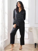 [أسود] SilkSilky-SA Long Sleeve Lapel Collar طقم بيجامة نسائي 004