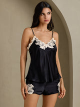 [أسود] SilkSilky-SA Sleeveless V Neck مجموعة قميص قصير 001