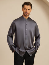 [الرمادي الداكن] SilkSilky-SA Long Sleeve Stand Collar قميص رجالي 001