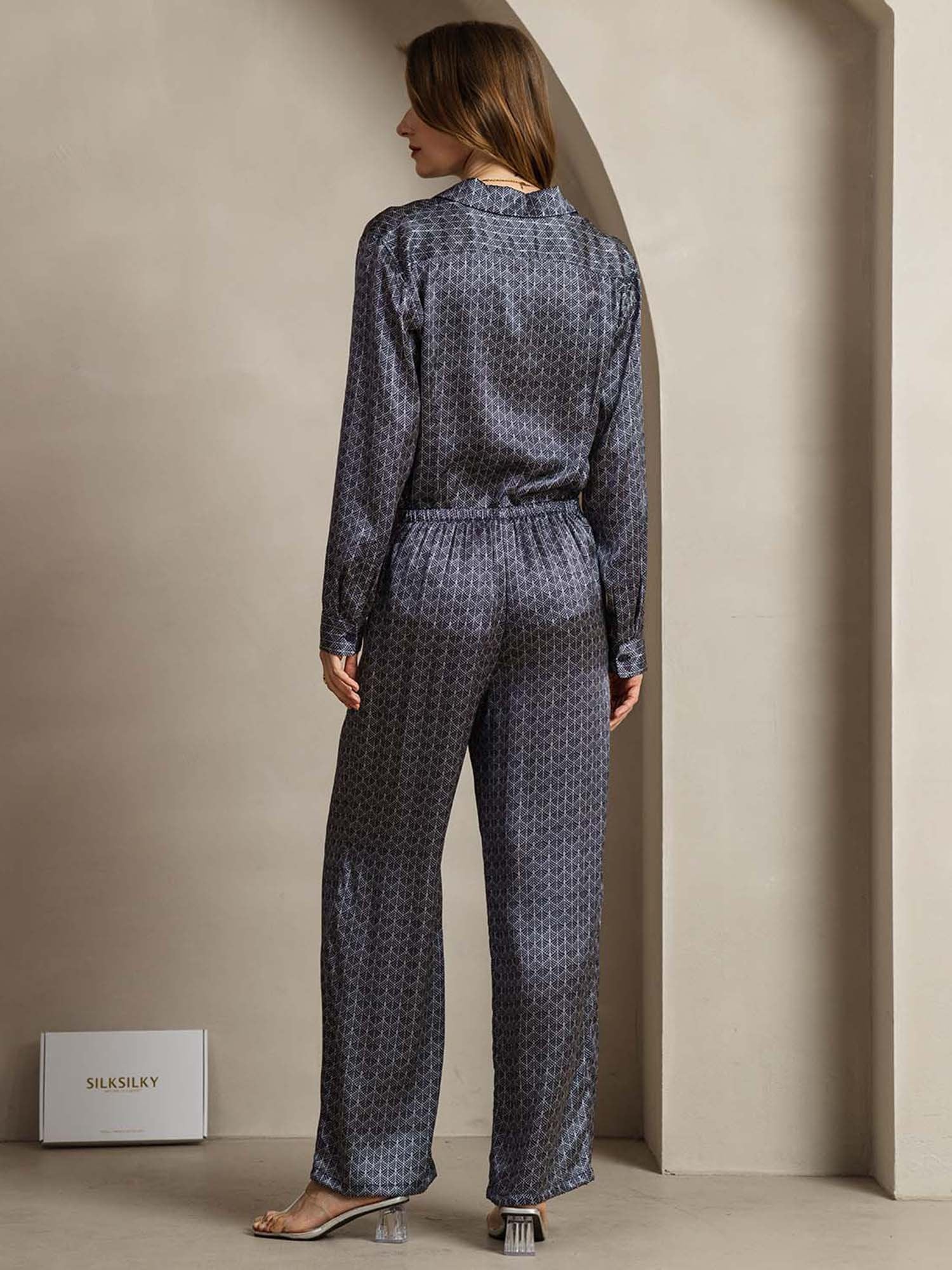[جنكوكحلي] SilkSilky-SA 19Momme الحرير Lapel Collar Women''s Outfit Sets 002