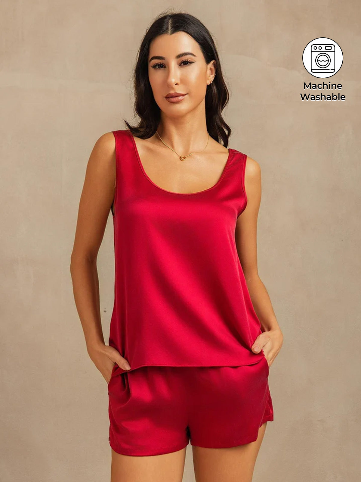 [خمر] SilkSilky-SA 19Momme الحرير رقبة على شكل حرف U طقم بيجامة نسائي 001