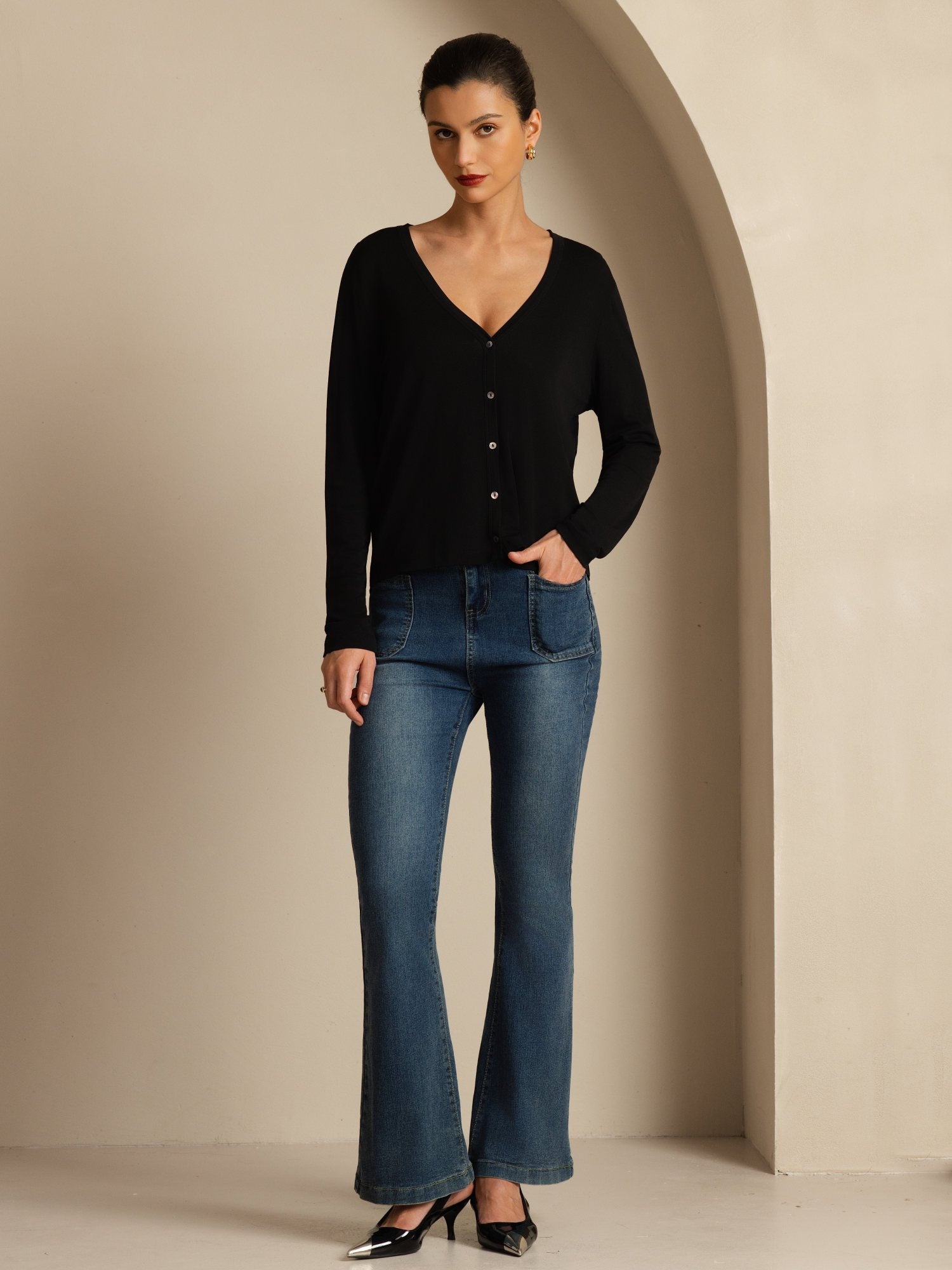 [أسود] SilkSilky-SA 19Momme الأكمام الطويلة رقبة على شكل حرف V كارديجان نسائي 006