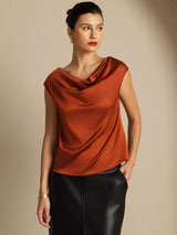 [الكراميل] SilkSilky-SA Cap Sleeve Cowl Neck تي شيرت نسائية 005