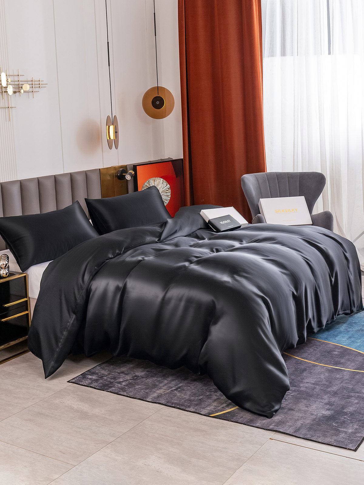 SilkSilky SA 19Momme الحرير الخالص Bedding Set أسود 004