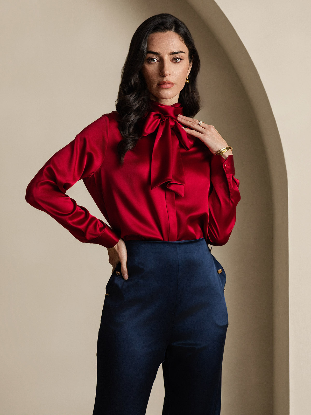 [خمر] SilkSilky-SA 19Momme الحرير الأكمام الطويلة تعادل الرقبة بلوزة 005