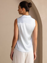 [أزرق فاتح] SilkSilky-SA Sleeveless Lapel Collar بلايز نسائية 002