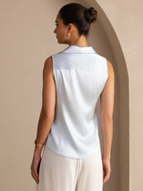 [أزرق فاتح] SilkSilky-SA Sleeveless Lapel Collar بلايز نسائية 002