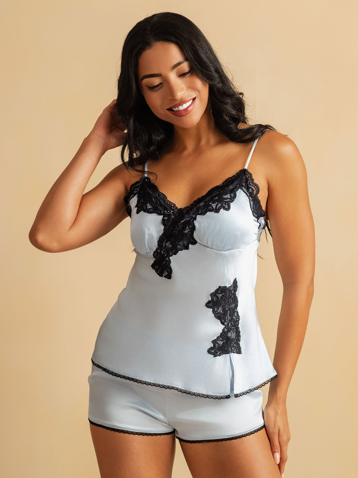 [السماءالزرقاء] SilkSilky-SA الحرير الخالص Split مجموعة قميص قصير 006