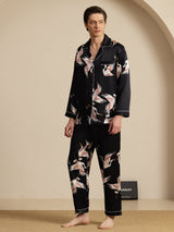 [أسود] SilkSilky-SA Long Sleeve Lapel Collar بيجامة رجالية 006