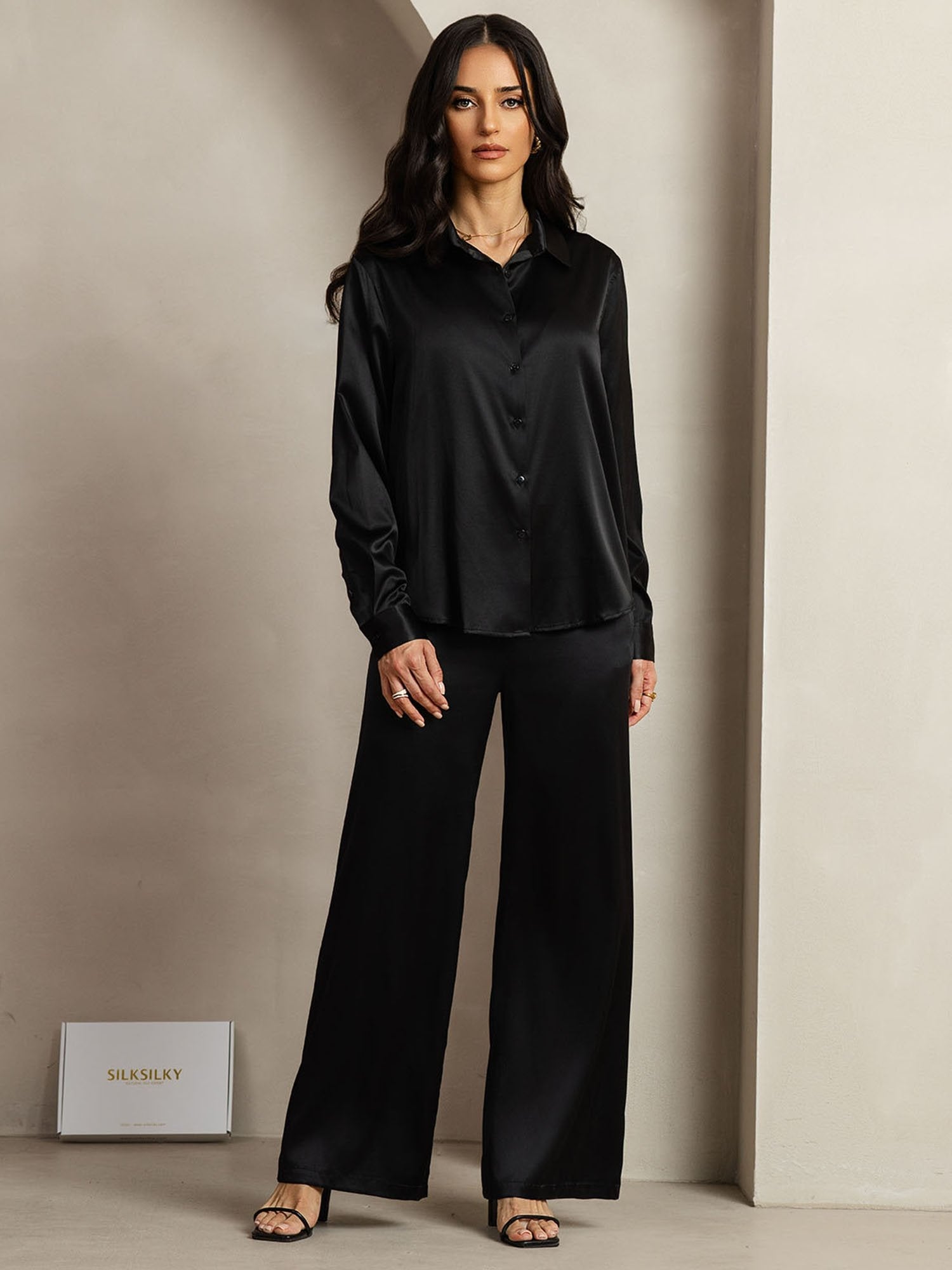 [أسود] SilkSilky-SA 19Momme الحرير Lapel Collar Women''s Outfit Sets 003,