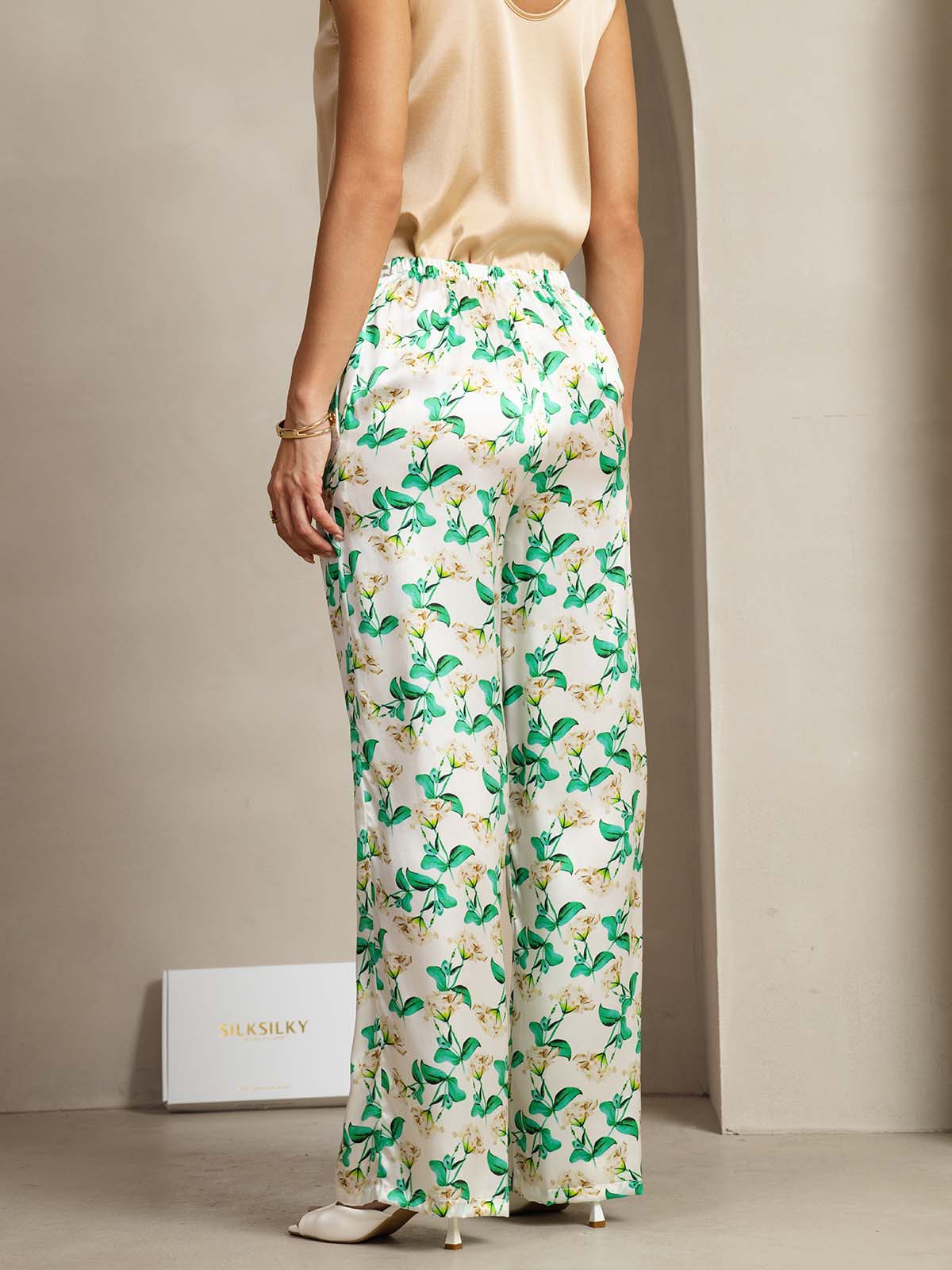 [زهري أخضر] SilkSilky-SA 19Momme الحرير Womens Pants 002