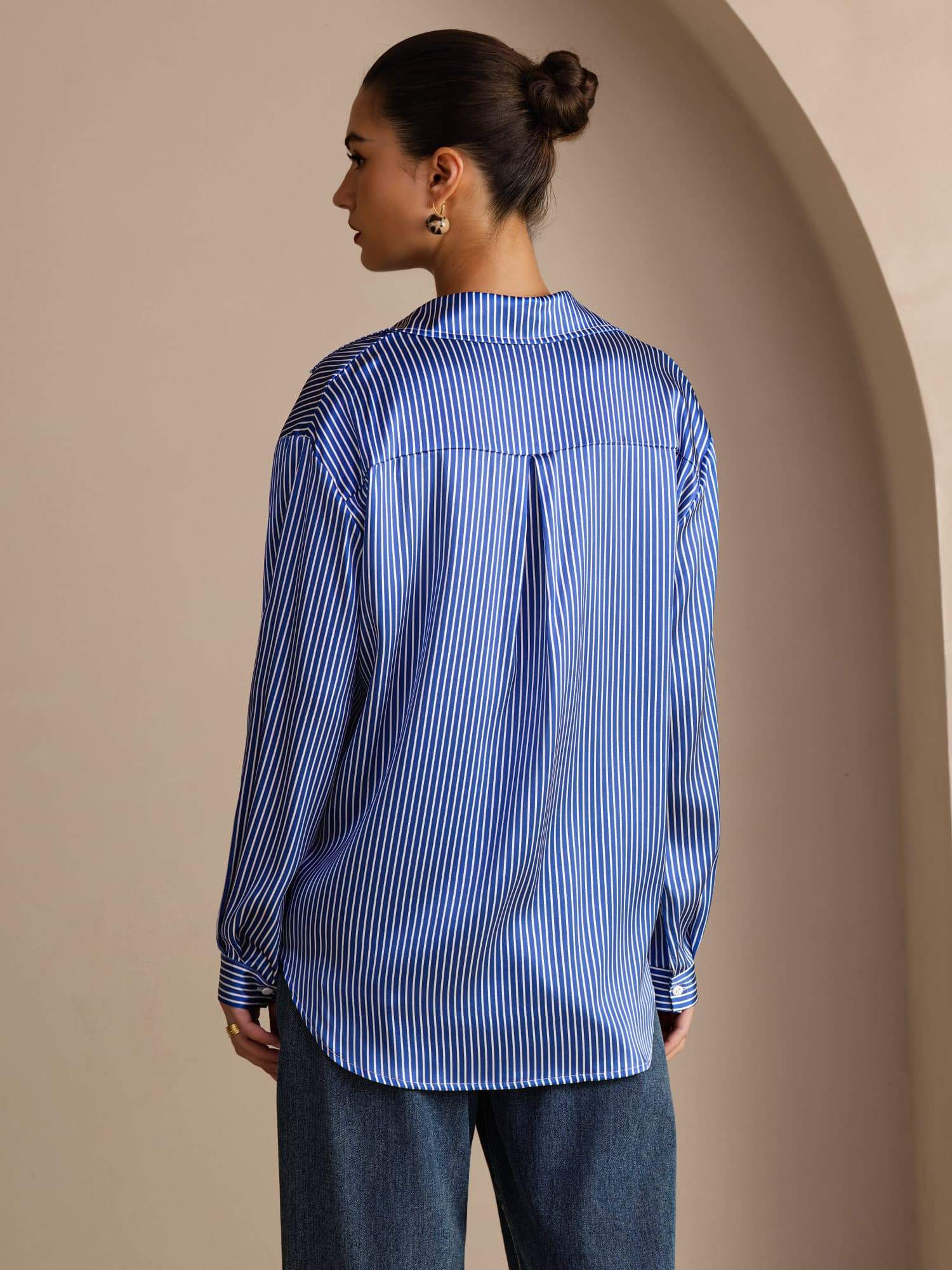 [مقلم دقيق أزرق] SilkSilky-SA Long Sleeve Lapel Collar بلايز نسائية 002