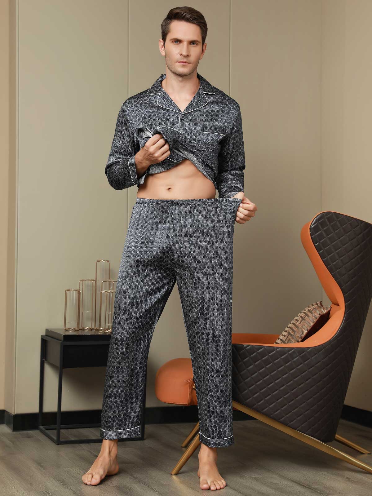 [جنكو كحلي] SilkSilky-SA 19Momme الحرير الخالص Mens Pajamas 008