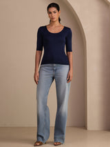 [أزرق غامق] SilkSilky-SA Half Sleeve تي شيرت نسائية 005
