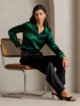 [أخضر غامق] SilkSilky-SA Long Sleeve Lapel Collar بلايز نسائية 003
