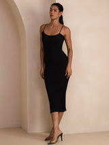 [أسود] SilkSilky-SA Spaghetti Strap Square Neck فساتين نسائية 006