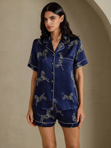 [حمار وحشي كحلي] SilkSilky-SA Short Sleeve Lapel Collar طقم بيجامة نسائي 001