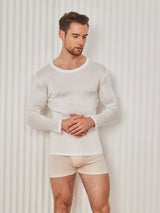 [أبيض] SilkSilky-SA Long Sleeve Round Neck تي شيرت رجالي 001