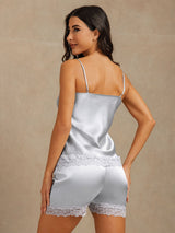 [أزرق رمادي] SilkSilky-SA Sleeveless V Neck مجموعة قميص قصير 002