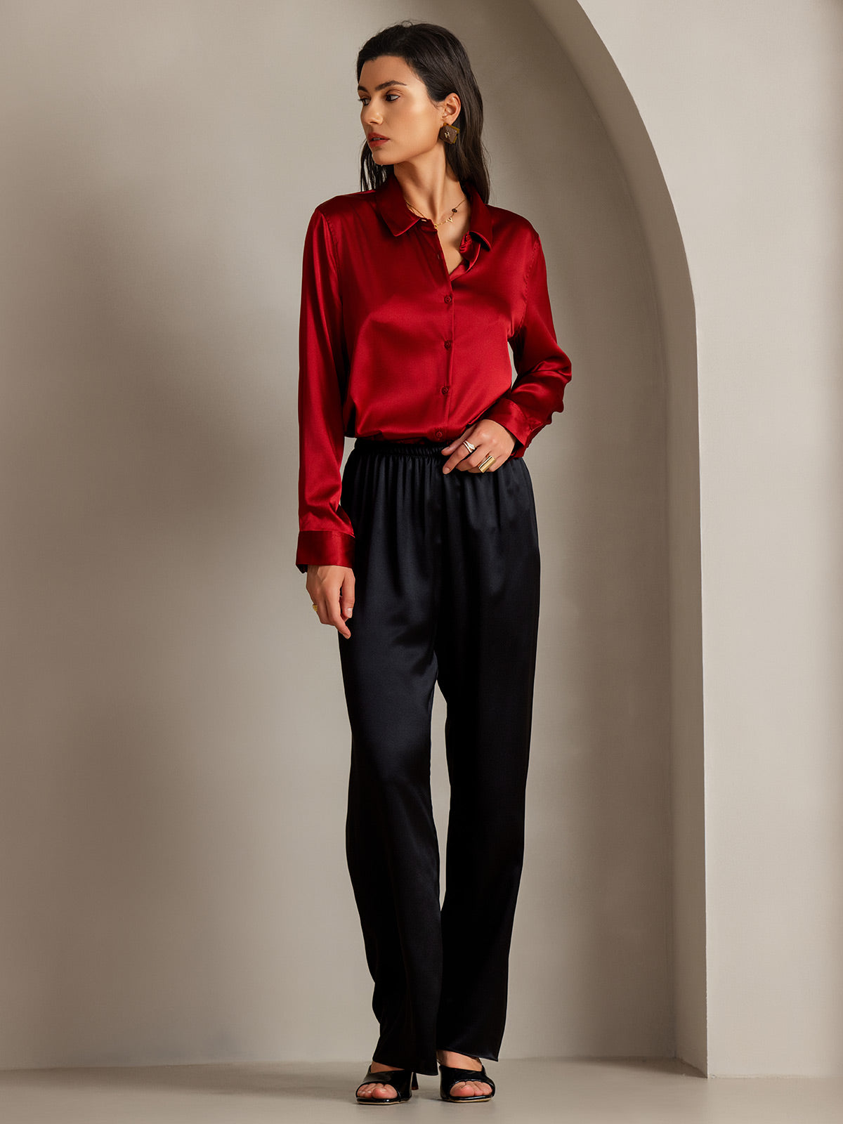 [أحمر] SilkSilky-SA الحرير الأكمام الطويلة Lapel Collar بلايز نسائية 006