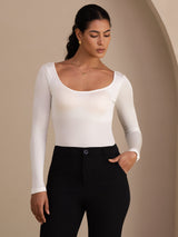 [أبيض] SilkSilky-SA Long Sleeve رقبة على شكل حرف U تي شيرت نسائية 003