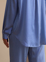 [مقلم دقيق أزرق] SilkSilky-SA Long Sleeve Lapel Collar Women's Outfit Sets 006