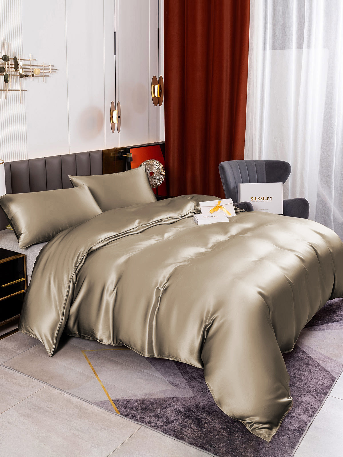 SilkSilky SA 19Momme الحرير الخالص Bedding Set شامبانيا 011