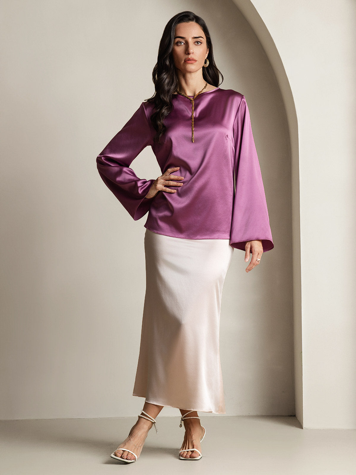 [الأرجواني الداكن] SilkSilky-SA 19Momme الحرير الأكمام الطويلة رقبة مستديرة بلوزة 006