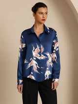 [أزرق غامق] SilkSilky-SA Long Sleeve Lapel Collar بلايز نسائية 004