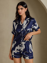 [فهد أزرق داكن] SilkSilky-SA Short Sleeve Notch Collar طقم بيجامة نسائي 005