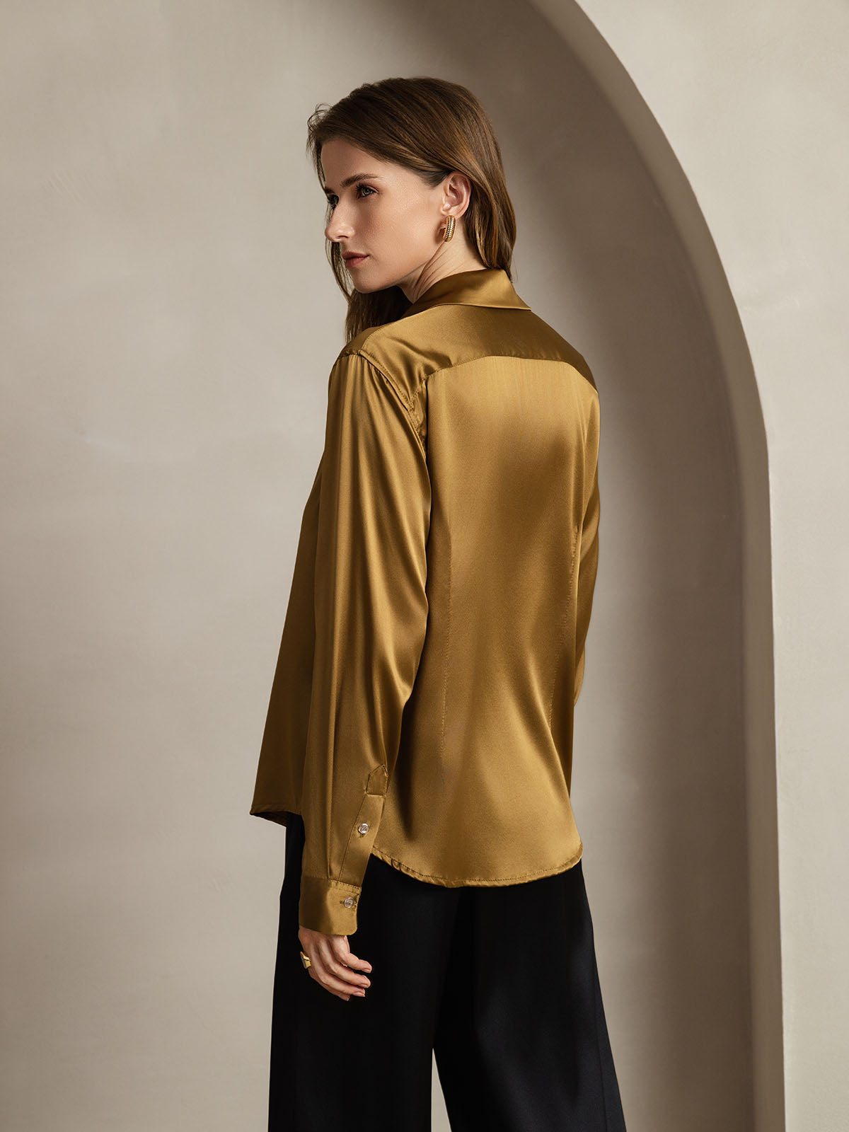 [برونزي] SilkSilky-SA الحرير Lapel Collar بلايز نسائية 002