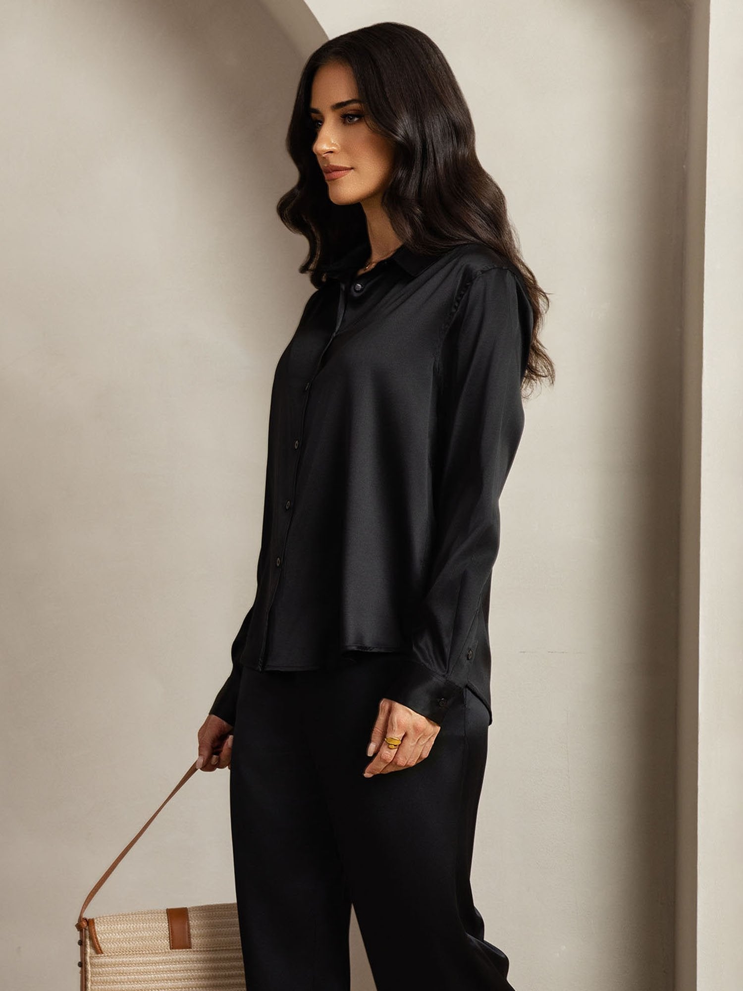 [أسود] SilkSilky-SA 19Momme الحرير Lapel Collar Women''s Outfit Sets 006,