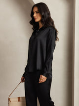 [أسود] SilkSilky-SA 19Momme الحرير Lapel Collar Women''s Outfit Sets 006,