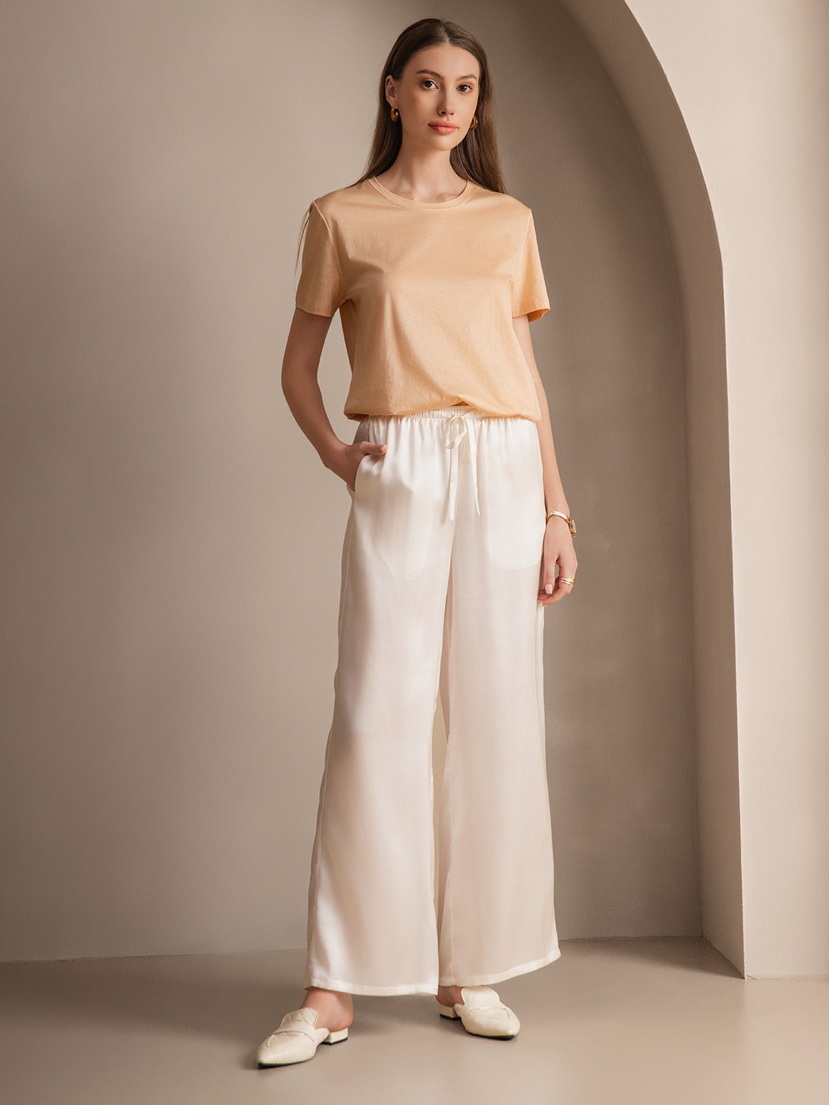 [أبيض] SilkSilky-SA الحرير الخالص Womens Pants 002