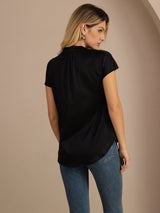 [أسود] SilkSilky-SA Short Sleeve Split بلوزات نسائية 002