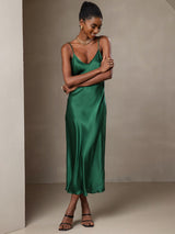 [أخضر] SilkSilky-SA Sleeveless V Neck فساتين نسائية 005