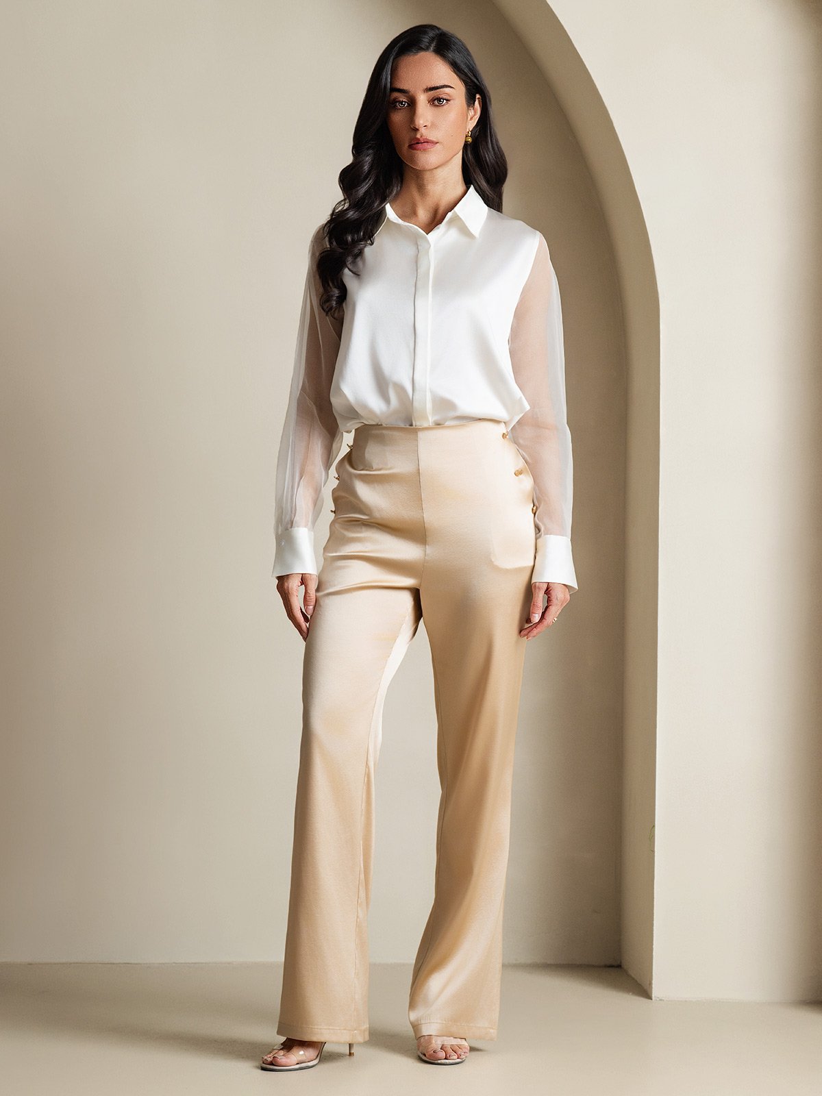 [أبيض] SilkSilky-SA 19Momme الحرير Lapel Collar بلايز نسائية 007
