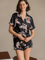 [أسود] SilkSilky-SA Short Sleeve Lapel Collar طقم بيجامة نسائي 001