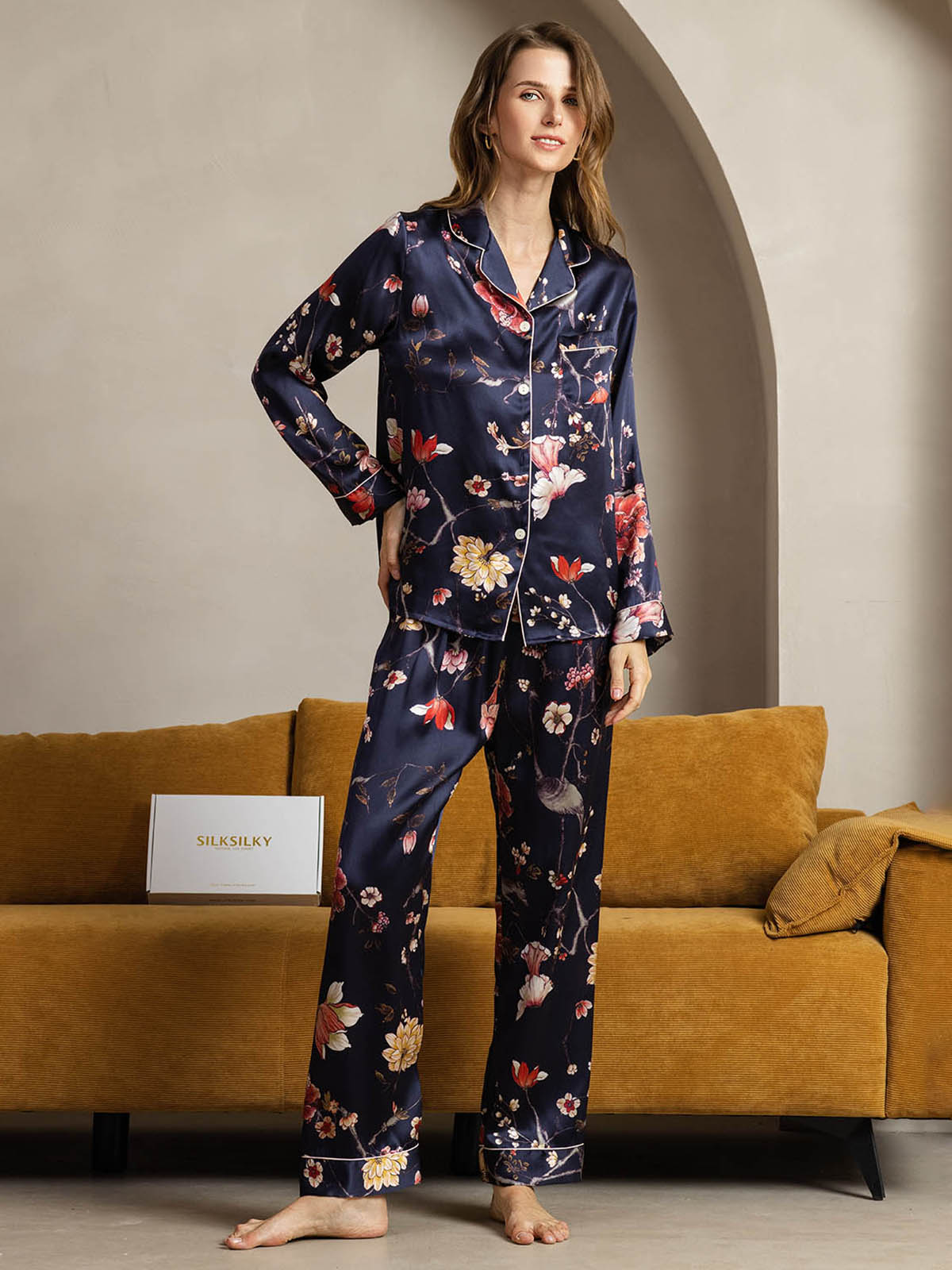 [زهري كحلي] SilkSilky-SA الحرير الخالص Womens Pajamas 004