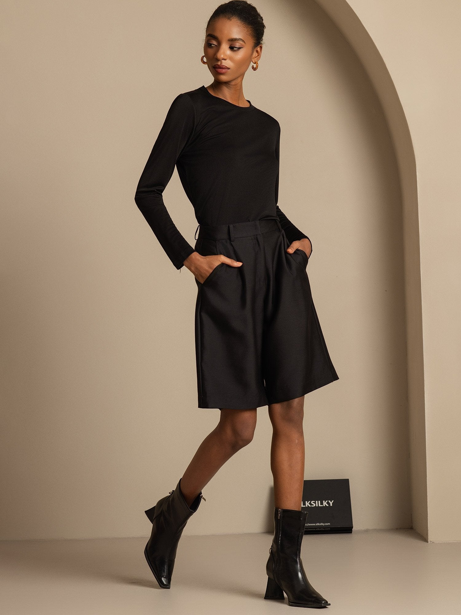 [أسود] SilkSilky-SA 32Momme الحرير Womens Shorts 006,